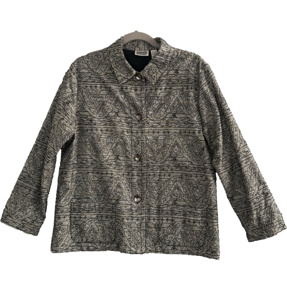 Chicos Design Jacket Women's Medium 100% Silk Embroidery Lrg 2 Button Up Pocket